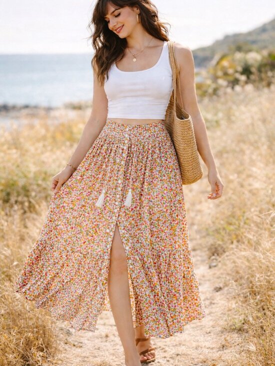Rachel Zoe Dresses & Skirts - Rachel Zoe Floral Boho Maxi Skirt M Smocked Waist Button Front Slit Viscose